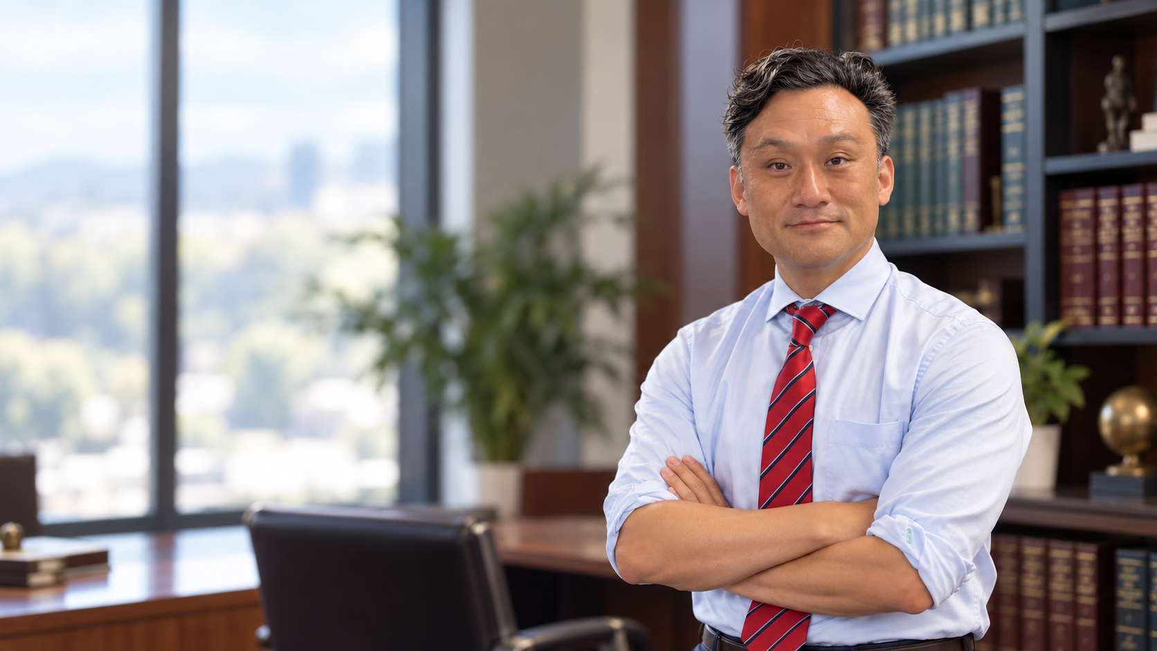 Young Kim, founding attorney of Forever Young Law, standing with arms crossed in his Apopka office