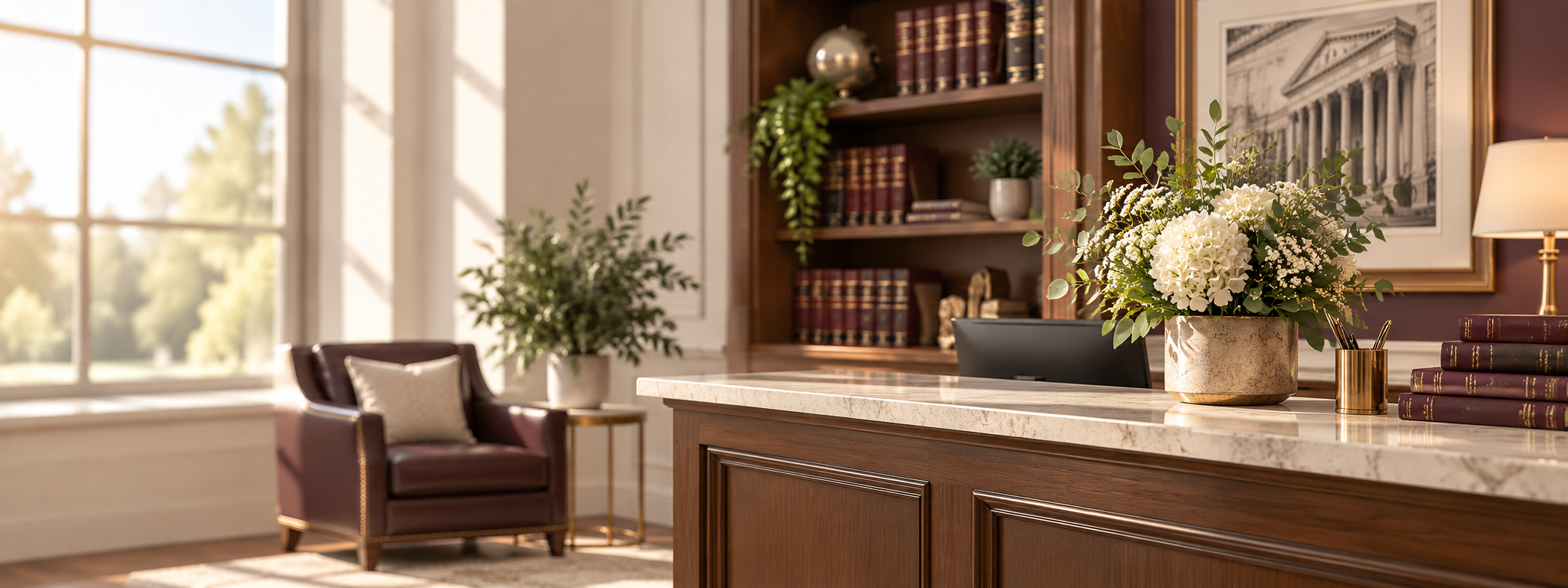 A law firm's reception area with a leather armchair, bookshelves and fresh flowers