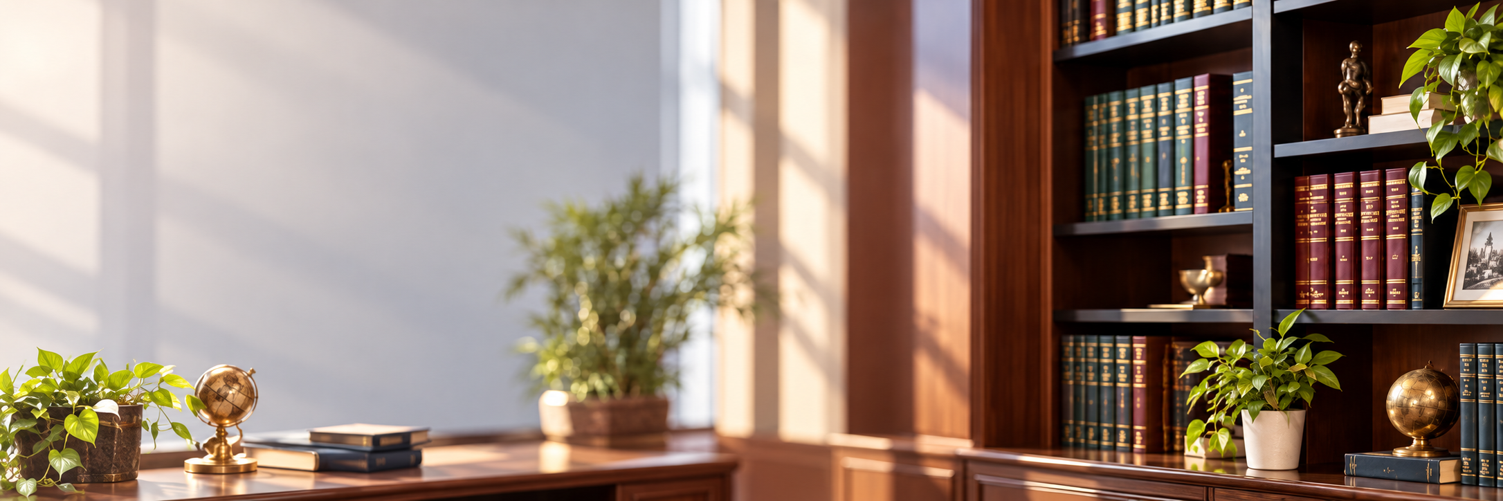 A sunlit law office library with bookshelves and a reading chair