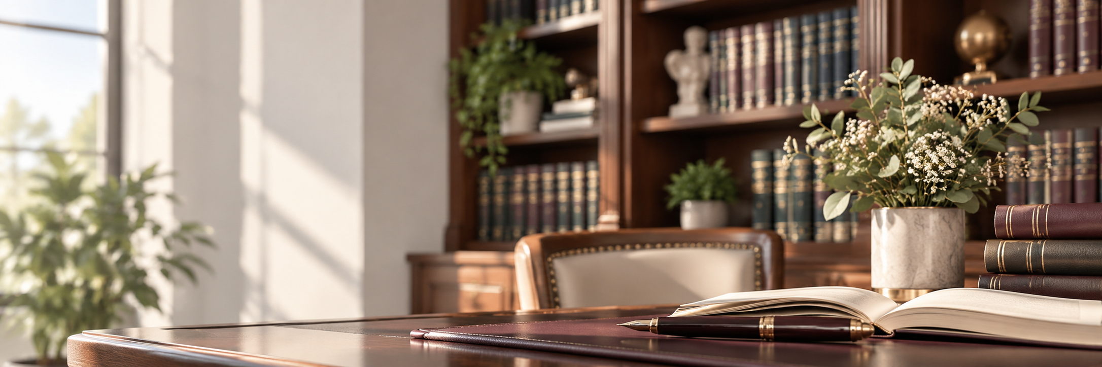 A law office desk with an open book, plant and bookshelves in the background