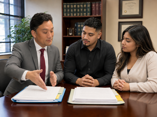 Attorney reviewing benefits paperwork with a couple at his office desk