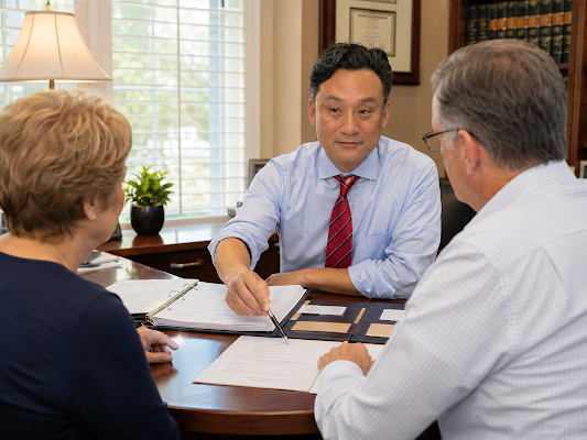 Attorney discussing long-term care planning with an elderly couple in his office