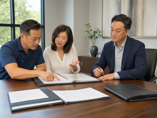 Attorney meeting with a couple to review their estate plan documents at his desk