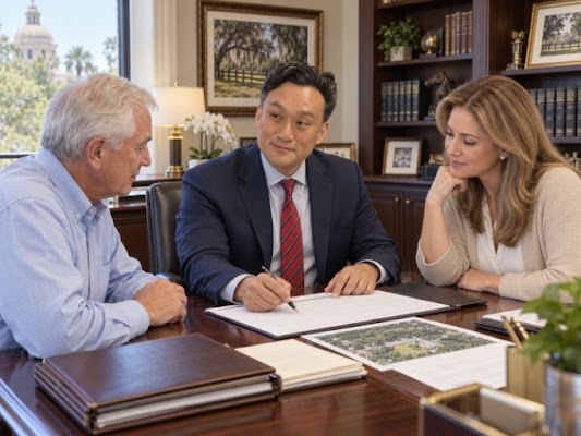Attorney signing paperwork with a couple during a Medicaid planning consultation
