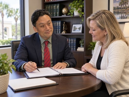 Attorney signing a probate document with a client at his desk