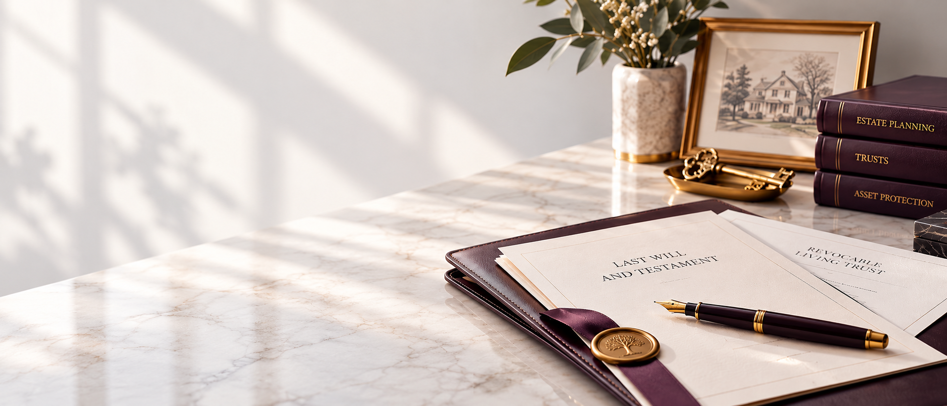 A sealed estate planning document and pen on a desk with law books