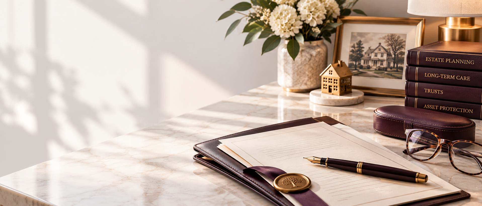 A sealed legal document and pen on a desk, with law books and flowers nearby