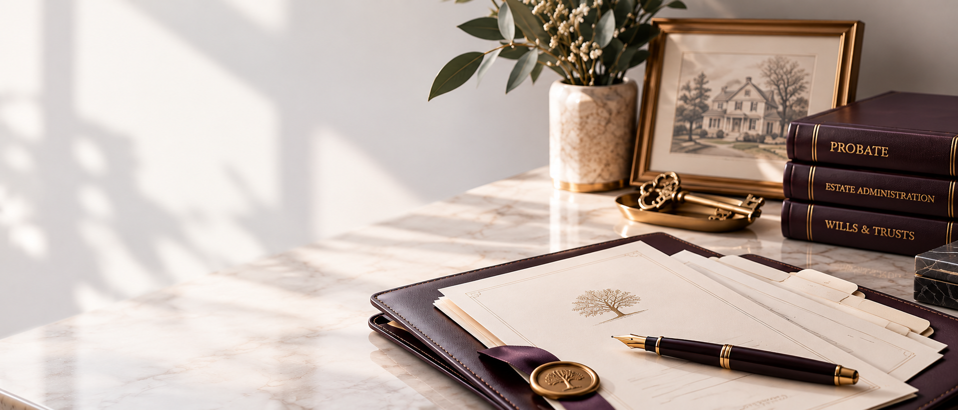 A sealed probate document and pen on a desk with law books